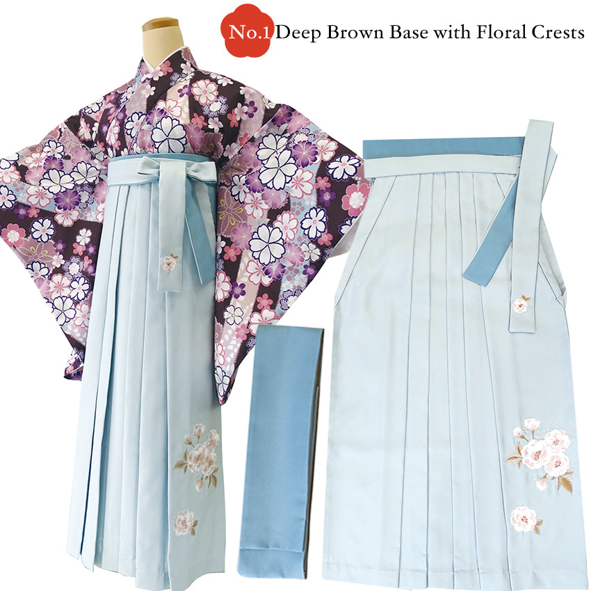 Japanese Washable Hakama & Kimono Set for Women – 6-Piece Complete Graduation Outfit, Ready-to-Wear Traditional Japanese Clothing, Chrysanthemum, Peonies, Cherry blossoms, Floral pattern