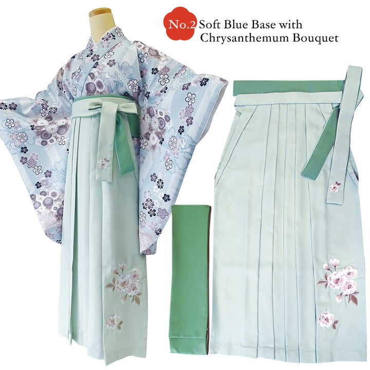 Japanese Washable Hakama & Kimono Set for Women – 6-Piece Complete Graduation Outfit, Ready-to-Wear Traditional Japanese Clothing, Chrysanthemum, Peonies, Cherry blossoms, Floral pattern
