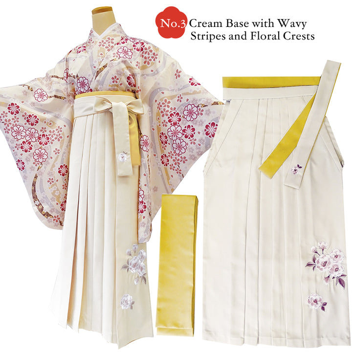 Japanese Washable Hakama & Kimono Set for Women – 6-Piece Complete Graduation Outfit, Ready-to-Wear Traditional Japanese Clothing, Chrysanthemum, Peonies, Cherry blossoms, Floral pattern