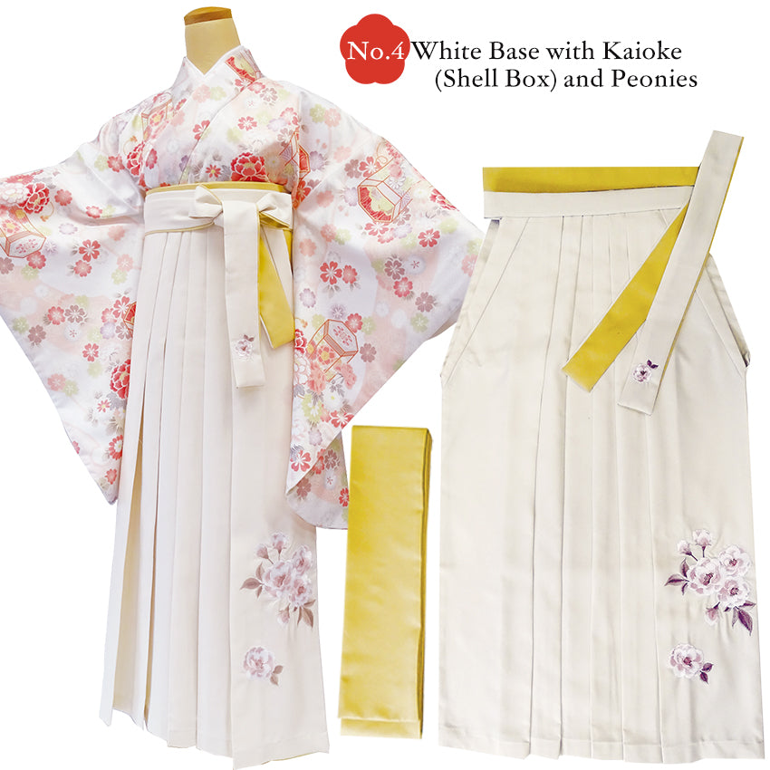 Japanese Washable Hakama & Kimono Set for Women – 6-Piece Complete Graduation Outfit, Ready-to-Wear Traditional Japanese Clothing, Chrysanthemum, Peonies, Cherry blossoms, Floral pattern