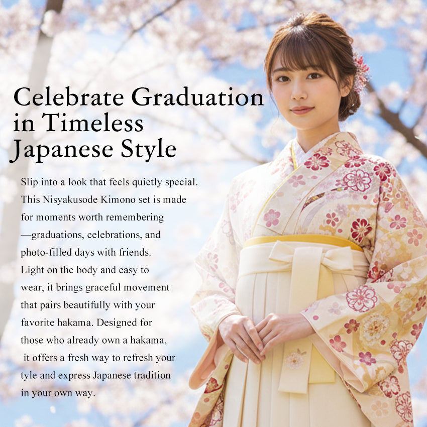 Japanese Nisyakusode Kimono Set for Women – 4-Piece Washable Graduation & Photoshoot Outfit, traditional Japanese Kimono, Chrysanthemum, Peonies, Cherry blossoms, Floral pattern