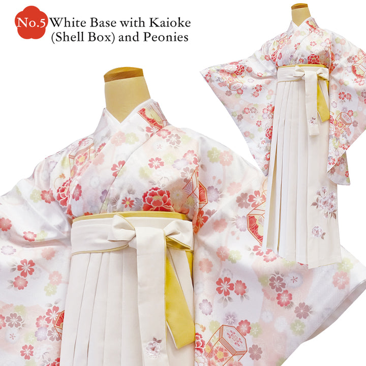 Japanese Nisyakusode Kimono Set for Women – 4-Piece Washable Graduation & Photoshoot Outfit, traditional Japanese Kimono, Chrysanthemum, Peonies, Cherry blossoms, Floral pattern