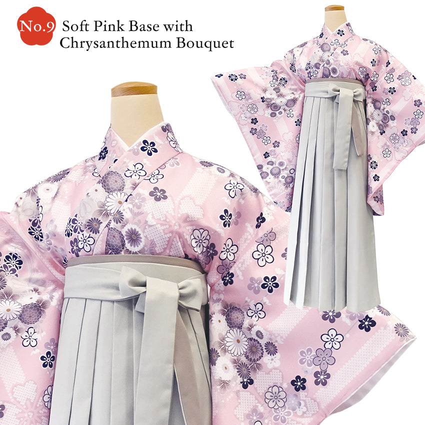 Japanese Nisyakusode Kimono Set for Women – 4-Piece Washable Graduation & Photoshoot Outfit, traditional Japanese Kimono, Chrysanthemum, Peonies, Cherry blossoms, Floral pattern