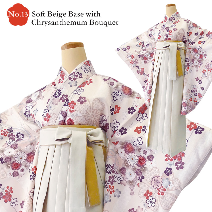 Japanese Nisyakusode Kimono Set for Women – 4-Piece Washable Graduation & Photoshoot Outfit, traditional Japanese Kimono, Chrysanthemum, Peonies, Cherry blossoms, Floral pattern