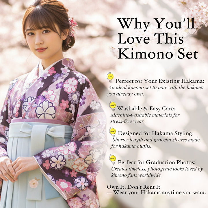 Japanese Nisyakusode Kimono Set for Women – 4-Piece Washable Graduation & Photoshoot Outfit, traditional Japanese Kimono, Chrysanthemum, Peonies, Cherry blossoms, Floral pattern