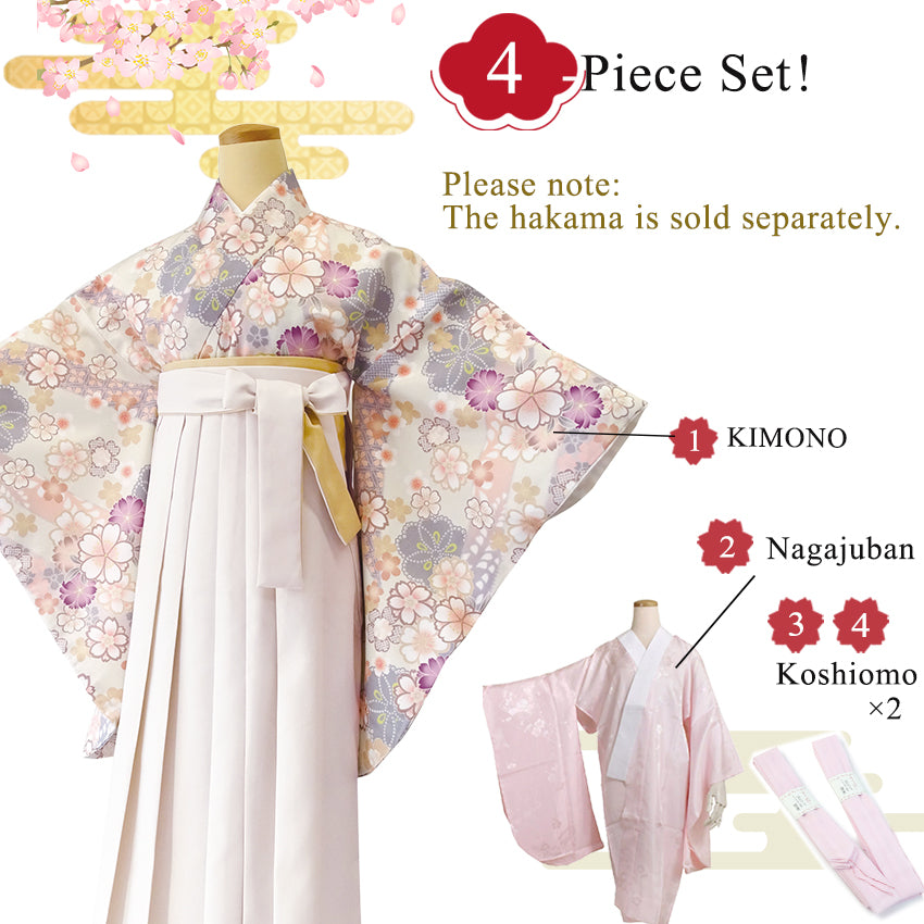Japanese Nisyakusode Kimono Set for Women – 4-Piece Washable Graduation & Photoshoot Outfit, traditional Japanese Kimono, Chrysanthemum, Peonies, Cherry blossoms, Floral pattern