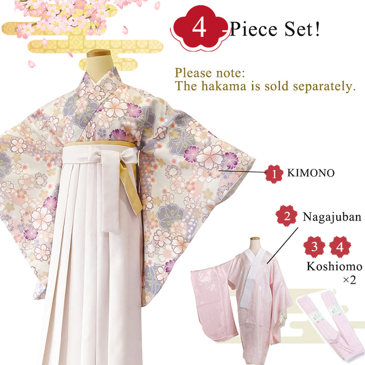Japanese Nisyakusode Kimono Set for Women – 4-Piece Washable Graduation & Photoshoot Outfit, traditional Japanese Kimono, Chrysanthemum, Peonies, Cherry blossoms, Floral pattern