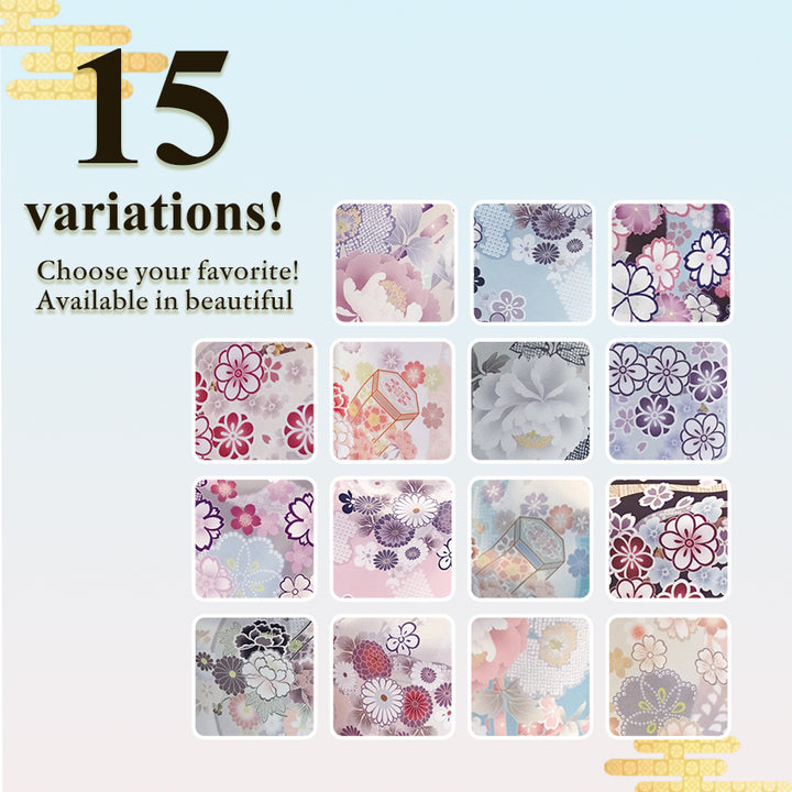 Japanese Nisyakusode Kimono Set for Women – 4-Piece Washable Graduation & Photoshoot Outfit, traditional Japanese Kimono, Chrysanthemum, Peonies, Cherry blossoms, Floral pattern