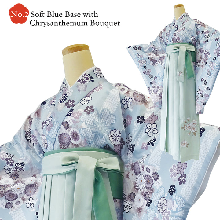 Japanese Nisyakusode Kimono Set for Women – 4-Piece Washable Graduation & Photoshoot Outfit, traditional Japanese Kimono, Chrysanthemum, Peonies, Cherry blossoms, Floral pattern