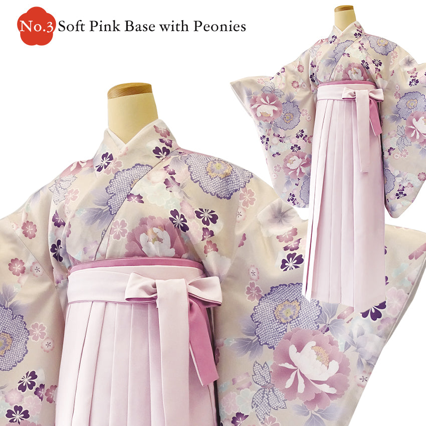 Japanese Nisyakusode Kimono Set for Women – 4-Piece Washable Graduation & Photoshoot Outfit, traditional Japanese Kimono, Chrysanthemum, Peonies, Cherry blossoms, Floral pattern