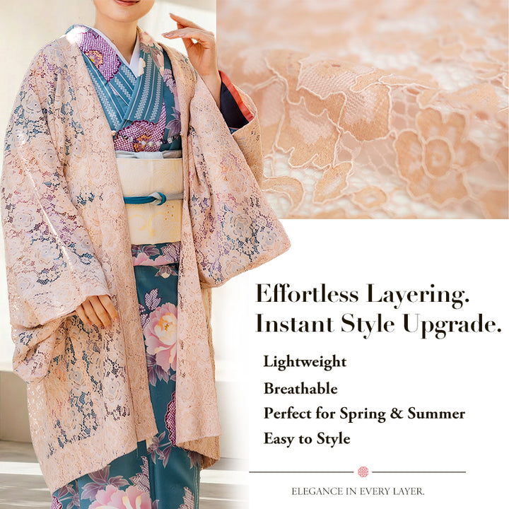 Haori - Lace Kimono Jacket for Women - Lightweight Sheer Soft Coral Pink with Floral Lace Cardigan, The Ultimate Third Piece Layering Cover Up for Spring & Summer
