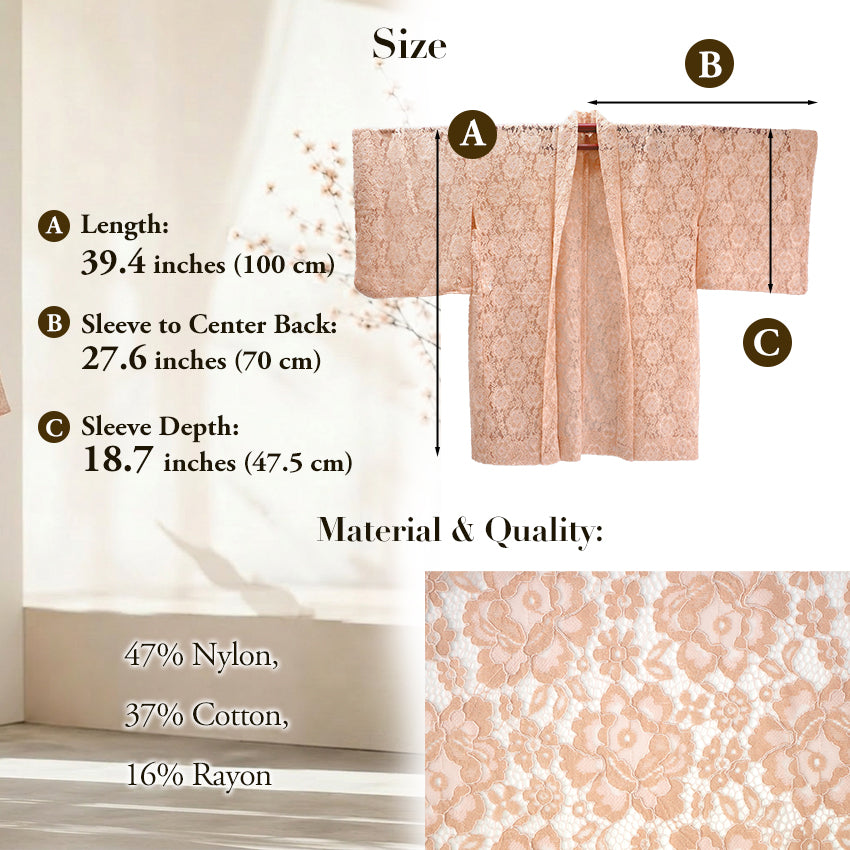 Haori - Lace Kimono Jacket for Women - Lightweight Sheer Soft Coral Pink with Floral Lace Cardigan, The Ultimate Third Piece Layering Cover Up for Spring & Summer