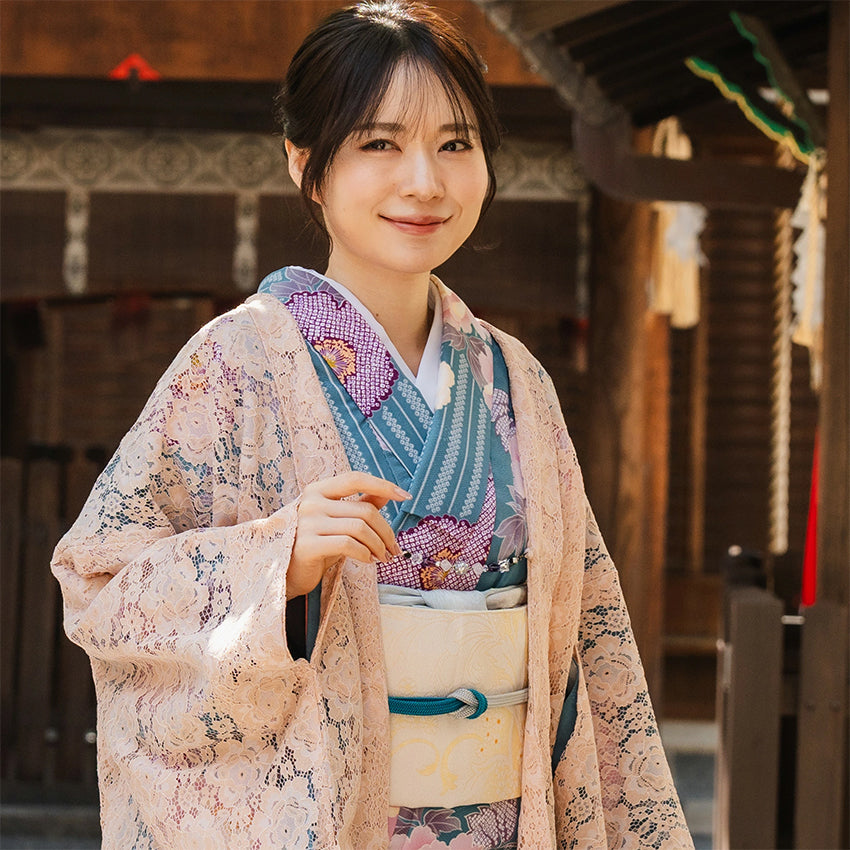 Haori - Lace Kimono Jacket for Women - Lightweight Sheer Soft Coral Pink with Floral Lace Cardigan, The Ultimate Third Piece Layering Cover Up for Spring & Summer