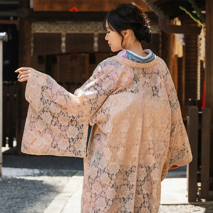 Haori - Lace Kimono Jacket for Women - Lightweight Sheer Soft Coral Pink with Floral Lace Cardigan, The Ultimate Third Piece Layering Cover Up for Spring & Summer