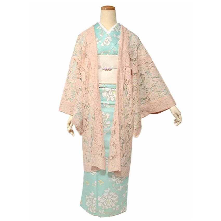 Haori - Lace Kimono Jacket for Women - Lightweight Sheer Soft Coral Pink with Floral Lace Cardigan, The Ultimate Third Piece Layering Cover Up for Spring & Summer