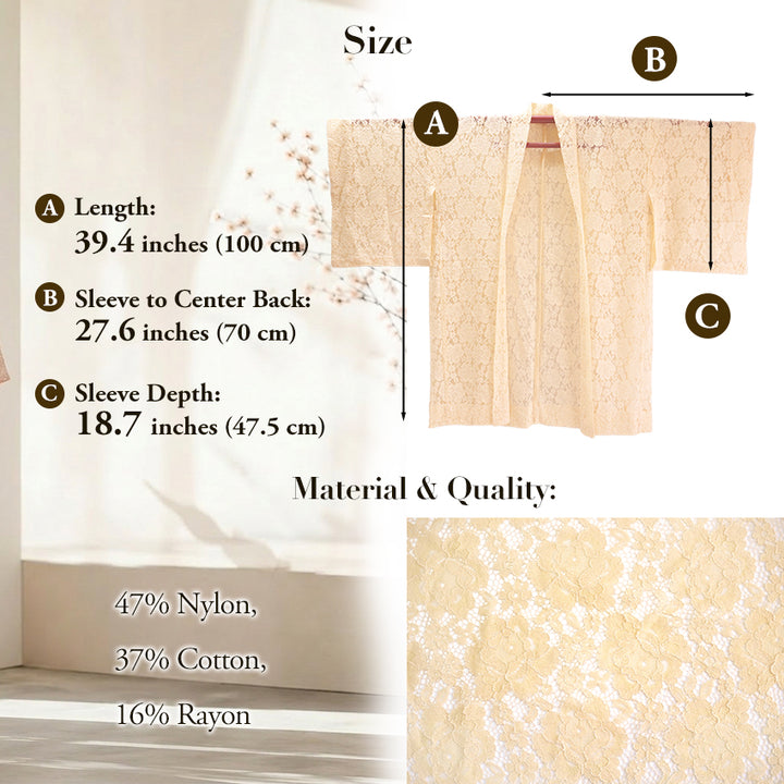 Haori - Lace Kimono Jacket for Women - Lightweight Sheer Ivory Cream with Floral Lace Cardigan, The Ultimate Third Piece Layering Cover Up for Spring & Summer
