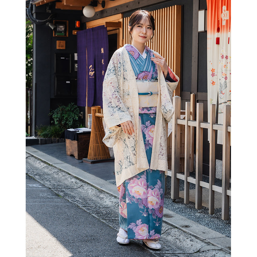 Haori - Lace Kimono Jacket for Women - Lightweight Sheer Ivory Cream with Floral Lace Cardigan, The Ultimate Third Piece Layering Cover Up for Spring & Summer