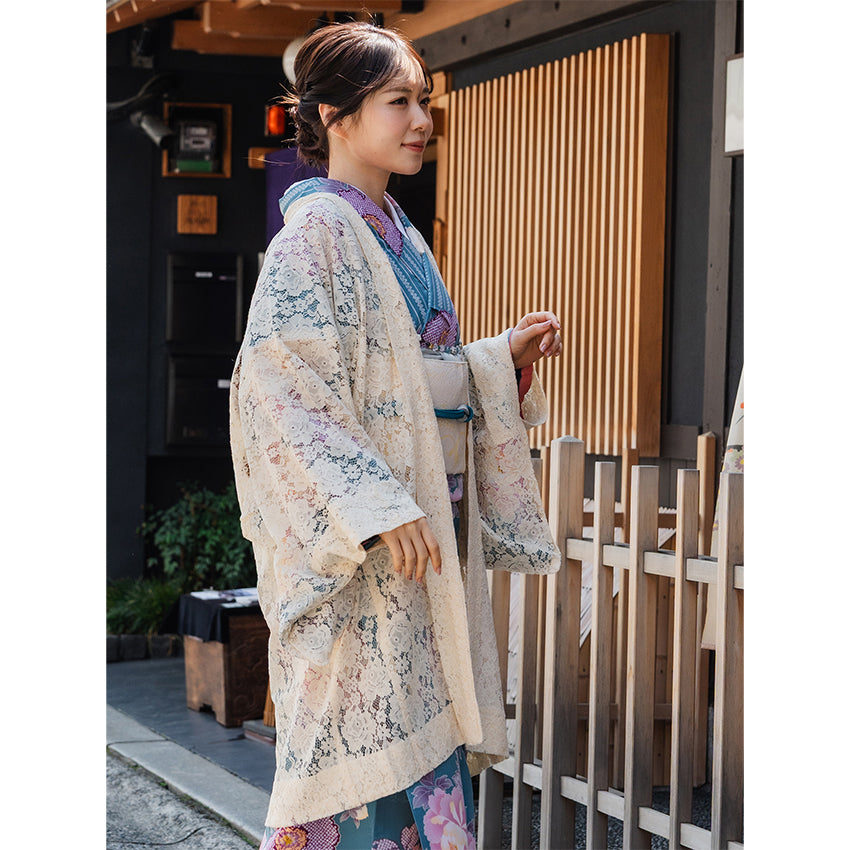 Haori - Lace Kimono Jacket for Women - Lightweight Sheer Ivory Cream with Floral Lace Cardigan, The Ultimate Third Piece Layering Cover Up for Spring & Summer