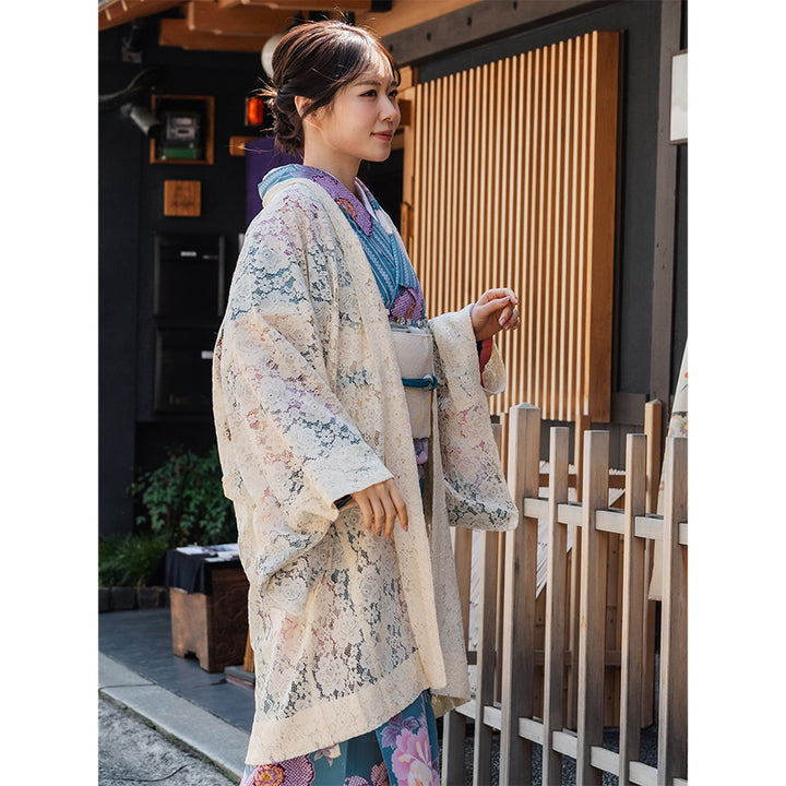 Haori - Lace Kimono Jacket for Women - Lightweight Sheer Ivory Cream with Floral Lace Cardigan, The Ultimate Third Piece Layering Cover Up for Spring & Summer