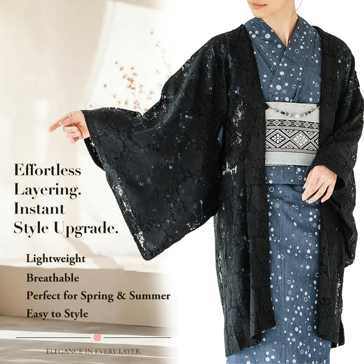 Haori - Lace Kimono Jacket for Women - Lightweight Sheer Midnight Black with Floral Lace Cardigan, The Ultimate Third Piece Layering Cover Up for Spring & Summer