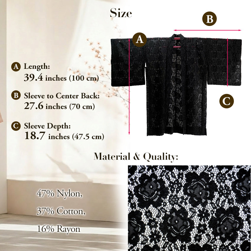 Haori - Lace Kimono Jacket for Women - Lightweight Sheer Midnight Black with Floral Lace Cardigan, The Ultimate Third Piece Layering Cover Up for Spring & Summer