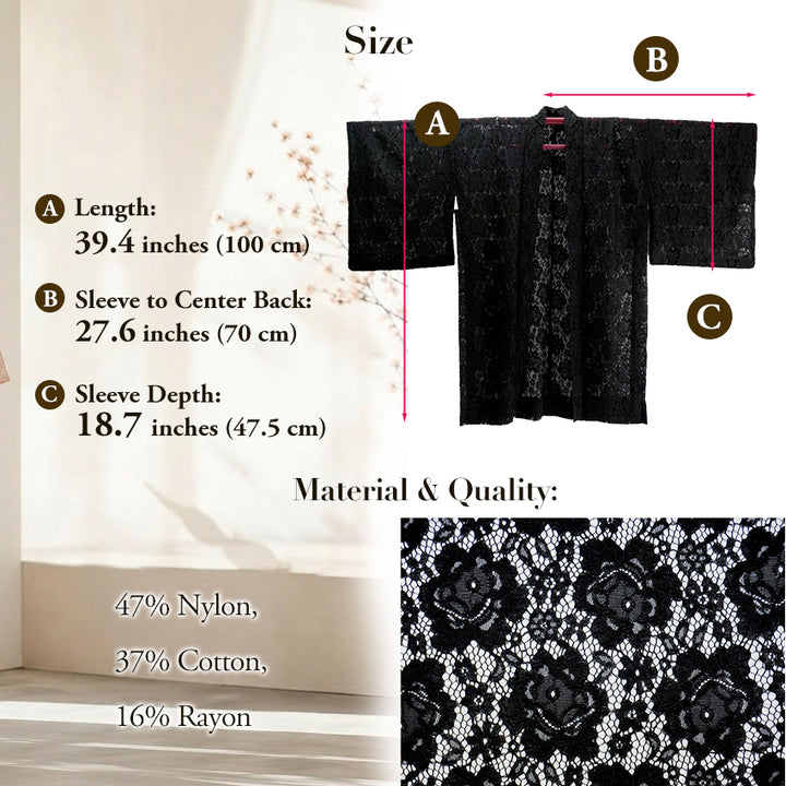 Haori - Lace Kimono Jacket for Women - Lightweight Sheer Midnight Black with Floral Lace Cardigan, The Ultimate Third Piece Layering Cover Up for Spring & Summer