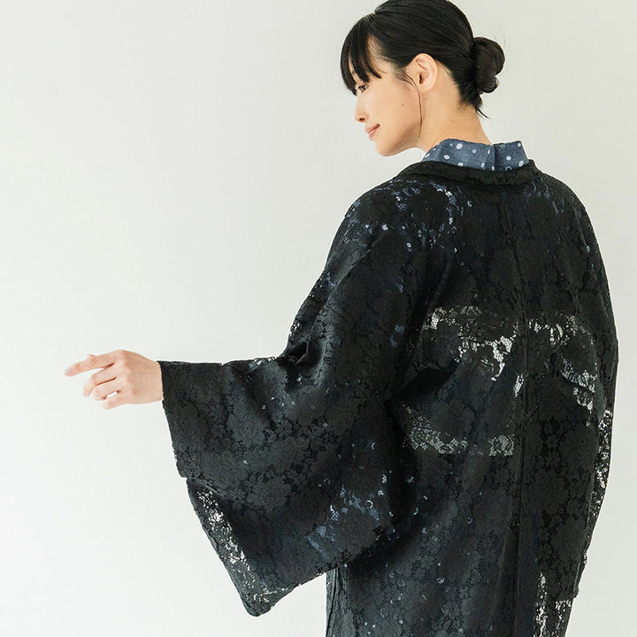 Haori - Lace Kimono Jacket for Women - Lightweight Sheer Midnight Black with Floral Lace Cardigan, The Ultimate Third Piece Layering Cover Up for Spring & Summer