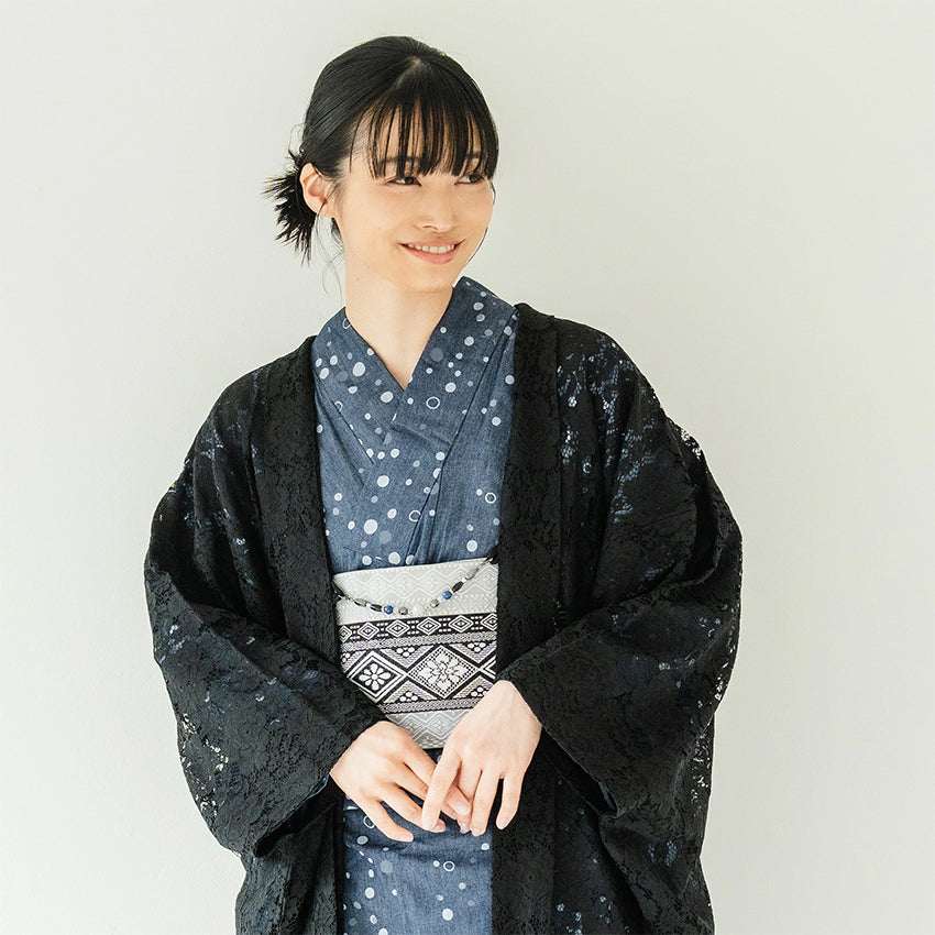 Haori - Lace Kimono Jacket for Women - Lightweight Sheer Midnight Black with Floral Lace Cardigan, The Ultimate Third Piece Layering Cover Up for Spring & Summer