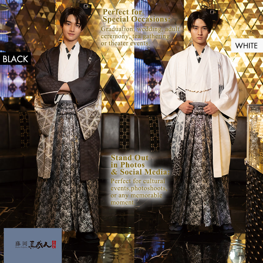 Men’s Geometric‑Scale Pattern Haori Jacket – Traditional Japanese Style in Black or White