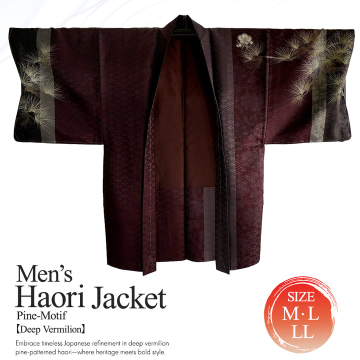 Men’s Pine‑Motif Haori Jacket in Deep Vermilion – Traditional Japanese Kimono Outerwear for Formal & Streetwear