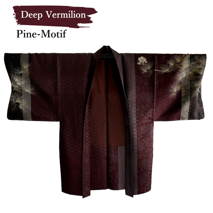 Men’s Pine‑Motif Haori Jacket in Deep Vermilion – Traditional Japanese Kimono Outerwear for Formal & Streetwear