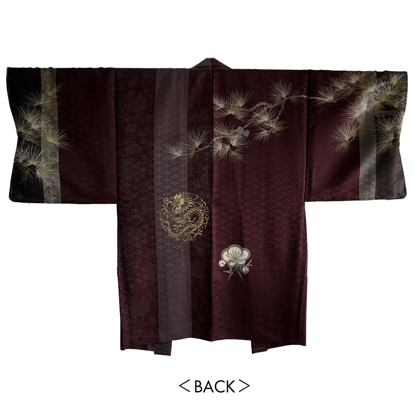 Men’s Pine‑Motif Haori Jacket in Deep Vermilion – Traditional Japanese Kimono Outerwear for Formal & Streetwear