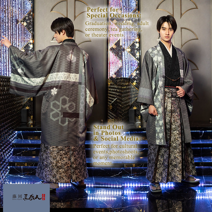 Men’s Khaki Haori Jacket with Geometric “Tanzaku” Stripe Pattern – Modern Japanese Kimono Outerwear