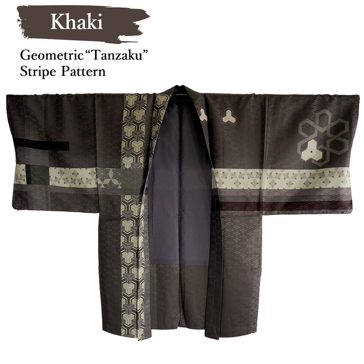 Men’s Khaki Haori Jacket with Geometric “Tanzaku” Stripe Pattern – Modern Japanese Kimono Outerwear