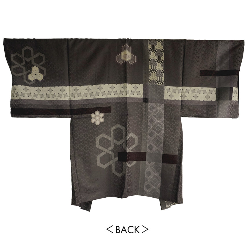 Men’s Khaki Haori Jacket with Geometric “Tanzaku” Stripe Pattern – Modern Japanese Kimono Outerwear