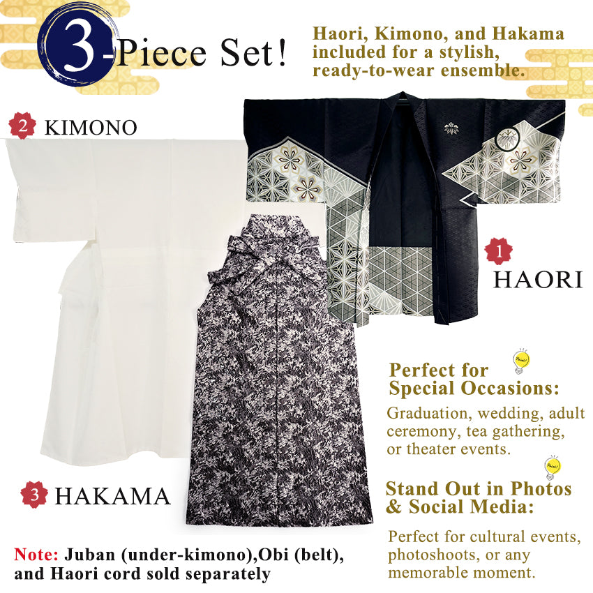 Men’s Haori, Kimono & Hakama 3-Piece Set –  Black & Shilver Traditional Japanese Formal Wear for Graduation, Wedding & Special Occasions