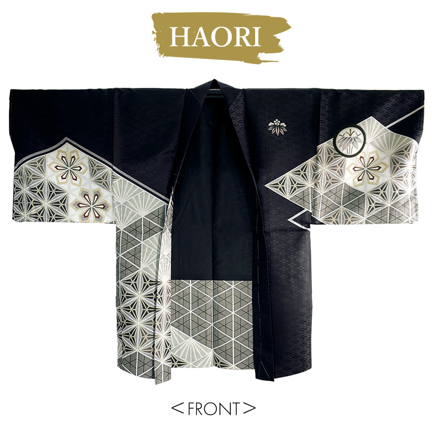 Men’s Haori, Kimono & Hakama 3-Piece Set –  Black & Shilver Traditional Japanese Formal Wear for Graduation, Wedding & Special Occasions