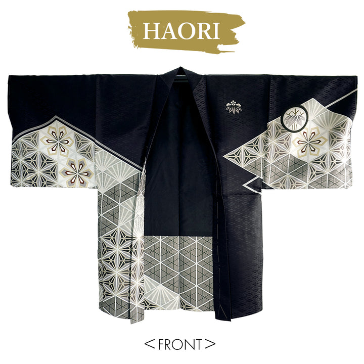 Men’s Haori, Kimono & Hakama 3-Piece Set –  Black & Shilver Traditional Japanese Formal Wear for Graduation, Wedding & Special Occasions