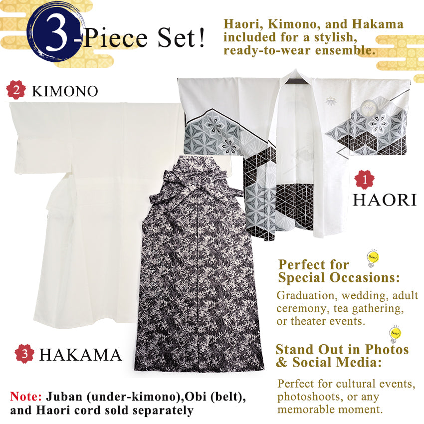 Men’s Haori, Kimono & Hakama 3-Piece Set – Elegant White Geometric Patterns Traditional Japanese Formal Wear for Graduation, Wedding & Special Occasions