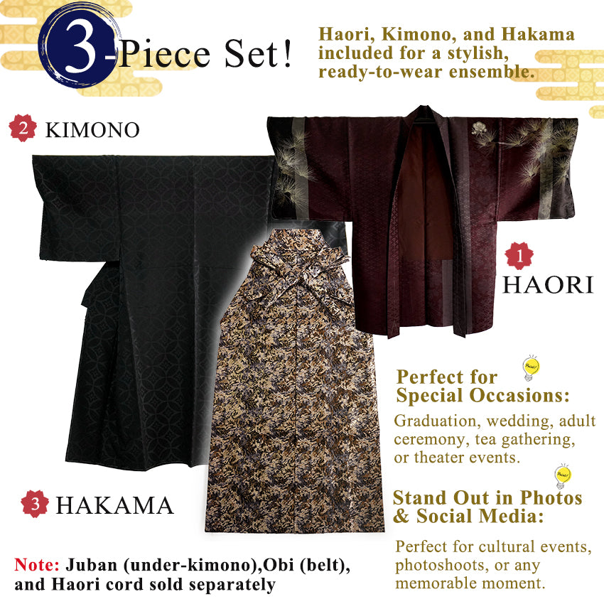 Men’s Haori, Kimono & Hakama 3-Piece Set – Burgundy, Black & Gold Traditional Japanese Formal Wear for Graduation, Wedding & Special Occasions