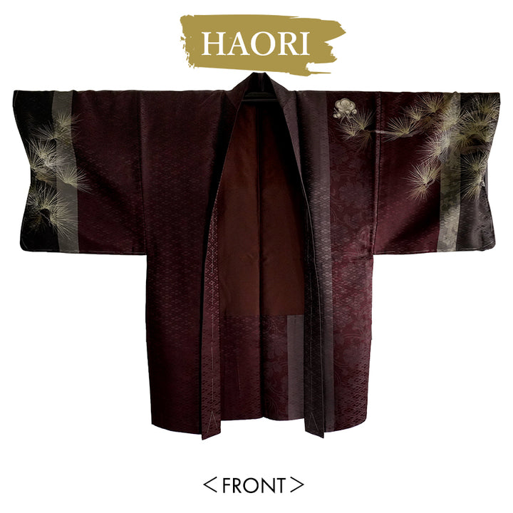 Men’s Haori, Kimono & Hakama 3-Piece Set – Burgundy, Black & Gold Traditional Japanese Formal Wear for Graduation, Wedding & Special Occasions