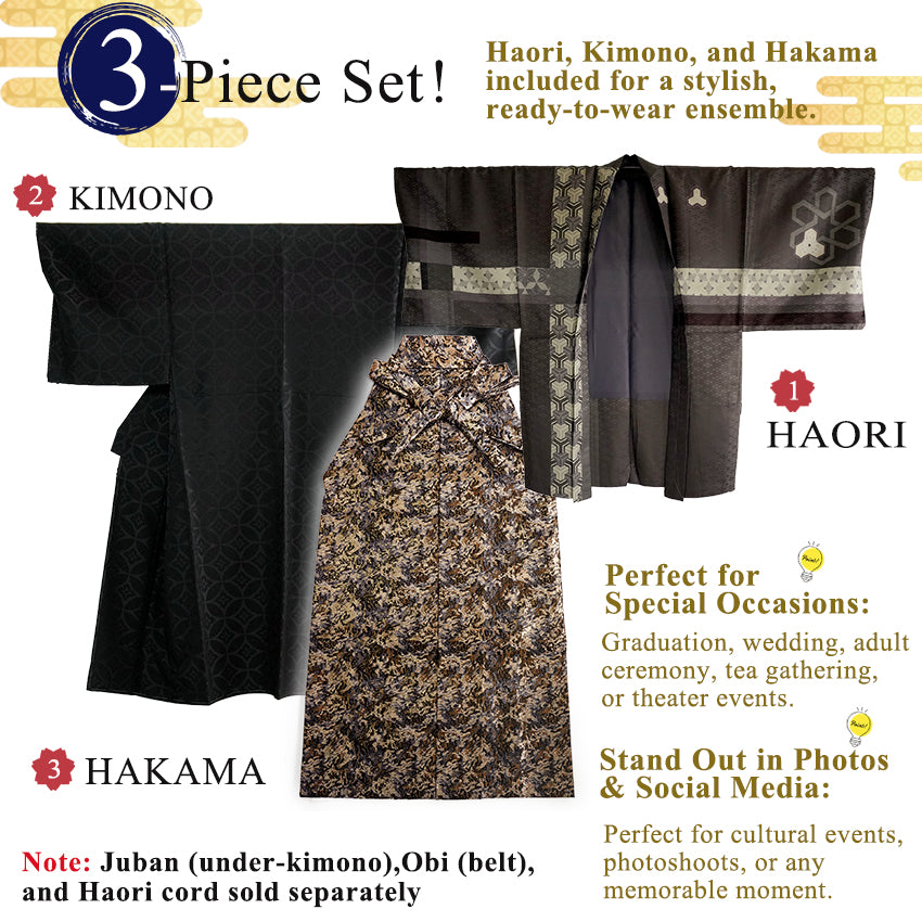Men’s Haori, Kimono & Hakama 3-Piece Set – Khaki, Black & Gold Traditional Japanese Formal Wear for Graduation, Wedding & Special Occasions