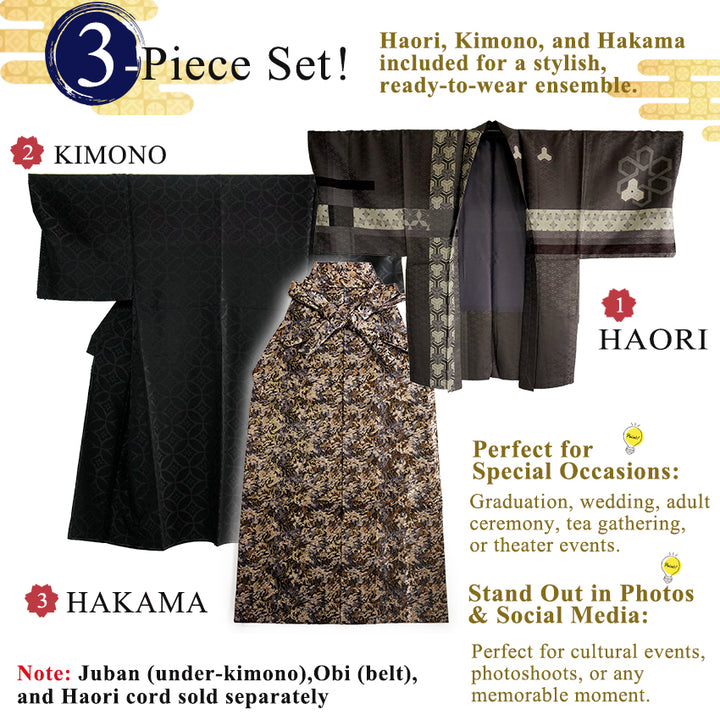 Men’s Haori, Kimono & Hakama 3-Piece Set – Khaki, Black & Gold Traditional Japanese Formal Wear for Graduation, Wedding & Special Occasions