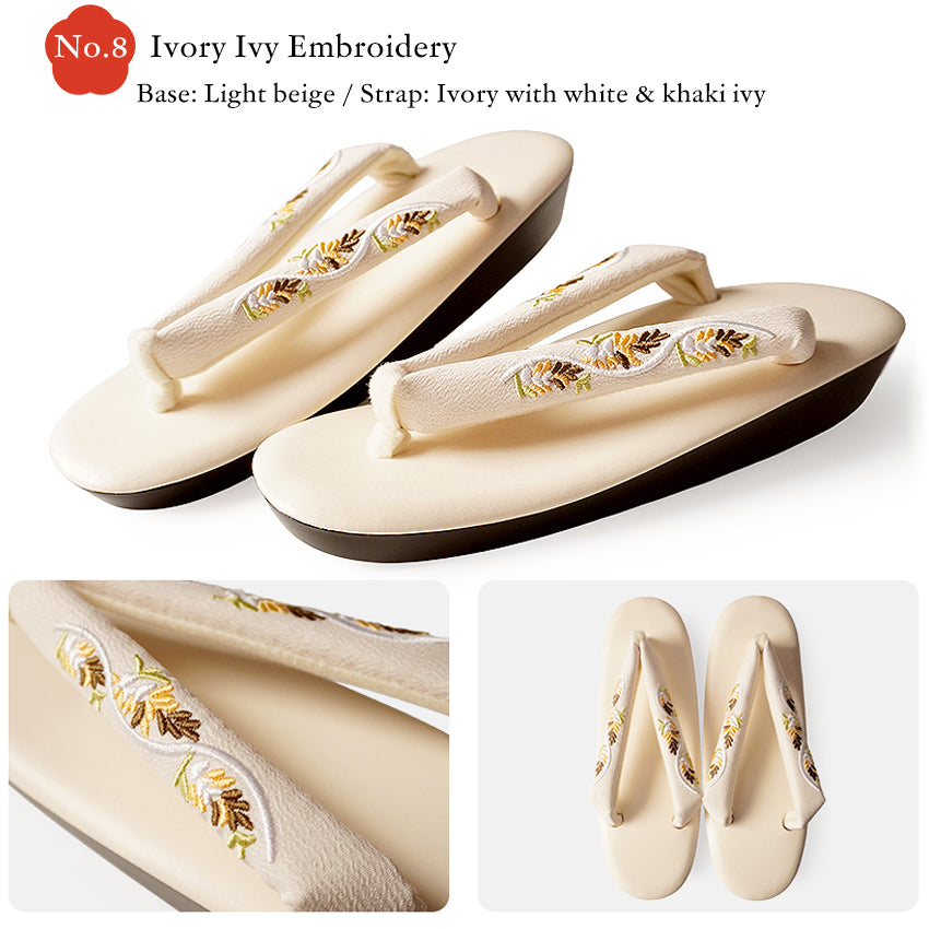 Japanese Embroidered Zori Sandals for Women – Elegant Floral, ivy & Camellia Design, Comfortable Wide Strap, Lightweight Japanese Sandals