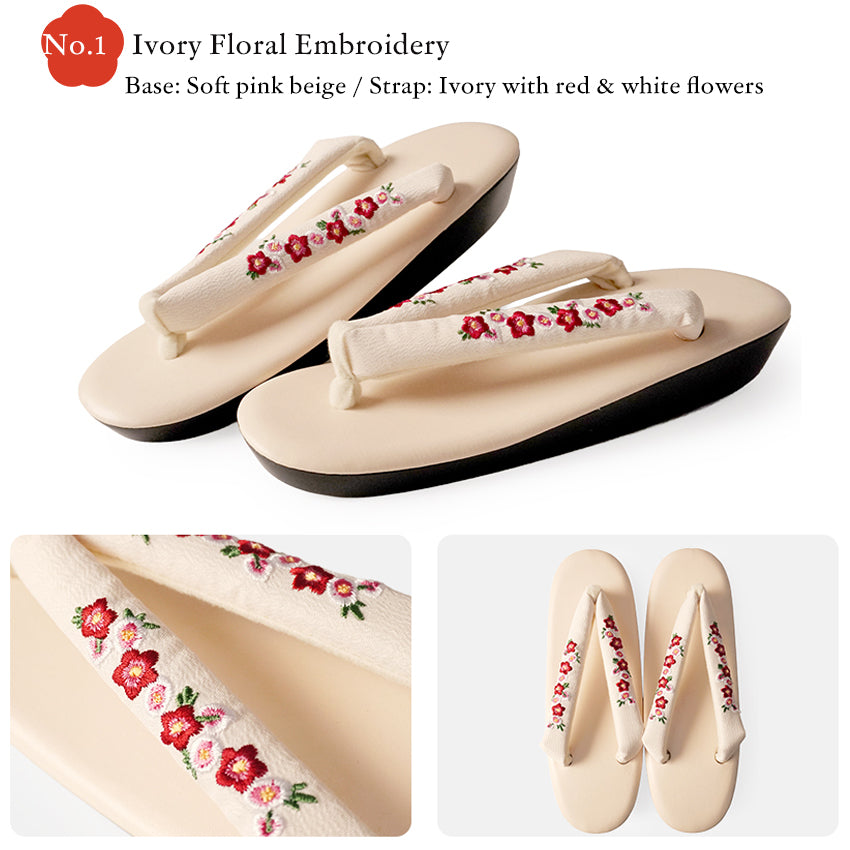 Japanese Embroidered Zori Sandals for Women – Elegant Floral, ivy & Camellia Design, Comfortable Wide Strap, Lightweight Japanese Sandals