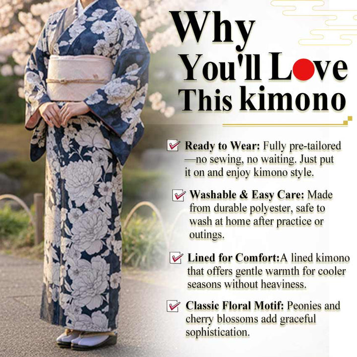 Ready-to-Wear Washable Komon Kimono for Women, Fully Lined Polyester, Deep Navy with Peony & Cherry Blossoms - A Sophisticated Komon Kimono with Timeless Elegance