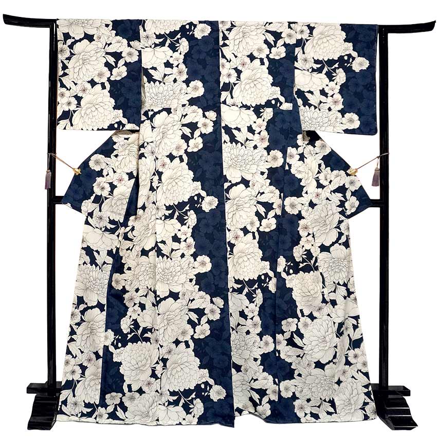 Ready-to-Wear Washable Komon Kimono for Women, Fully Lined Polyester, Deep Navy with Peony & Cherry Blossoms - A Sophisticated Komon Kimono with Timeless Elegance