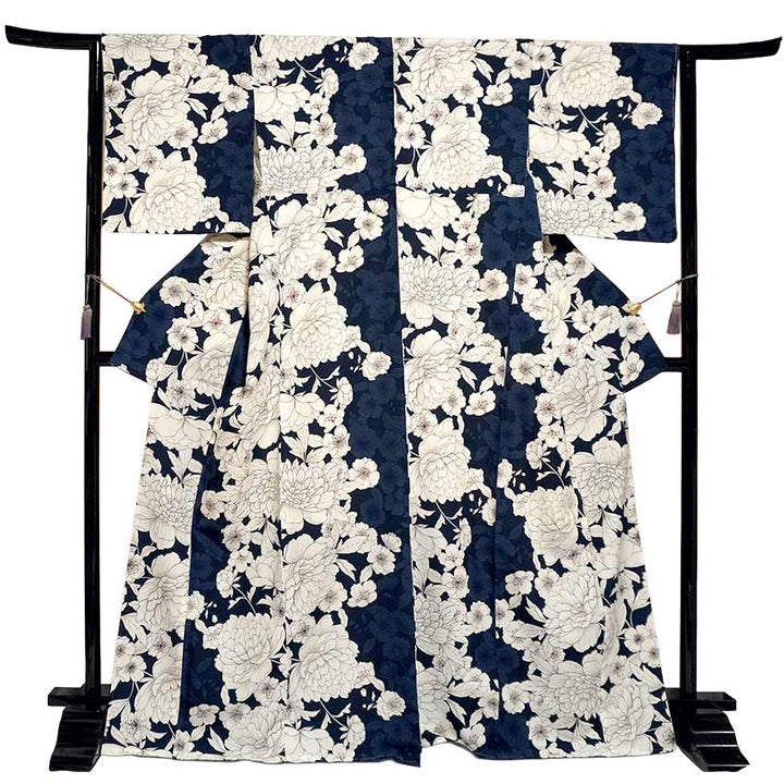 Ready-to-Wear Washable Komon Kimono for Women, Fully Lined Polyester, Deep Navy with Peony & Cherry Blossoms - A Sophisticated Komon Kimono with Timeless Elegance