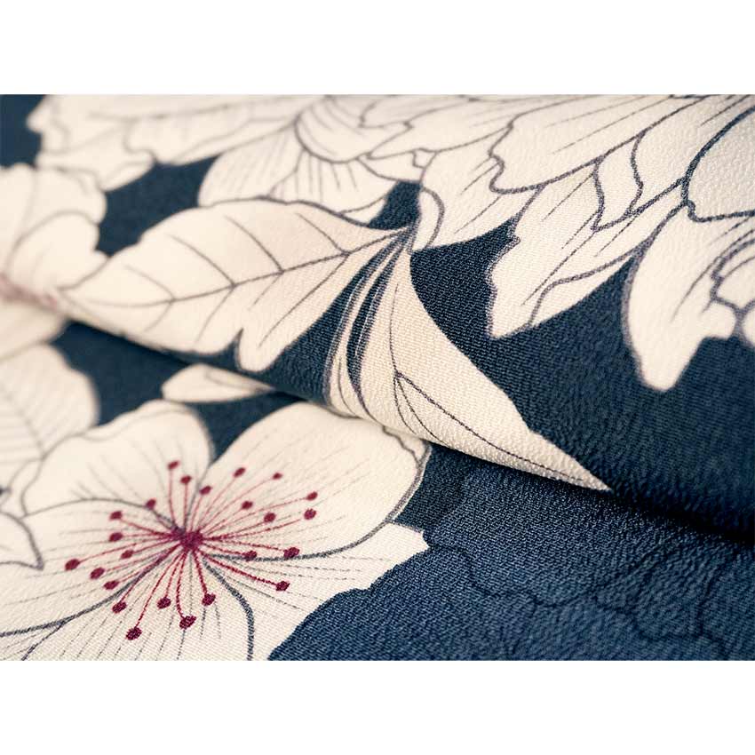 Ready-to-Wear Washable Komon Kimono for Women, Fully Lined Polyester, Deep Navy with Peony & Cherry Blossoms - A Sophisticated Komon Kimono with Timeless Elegance