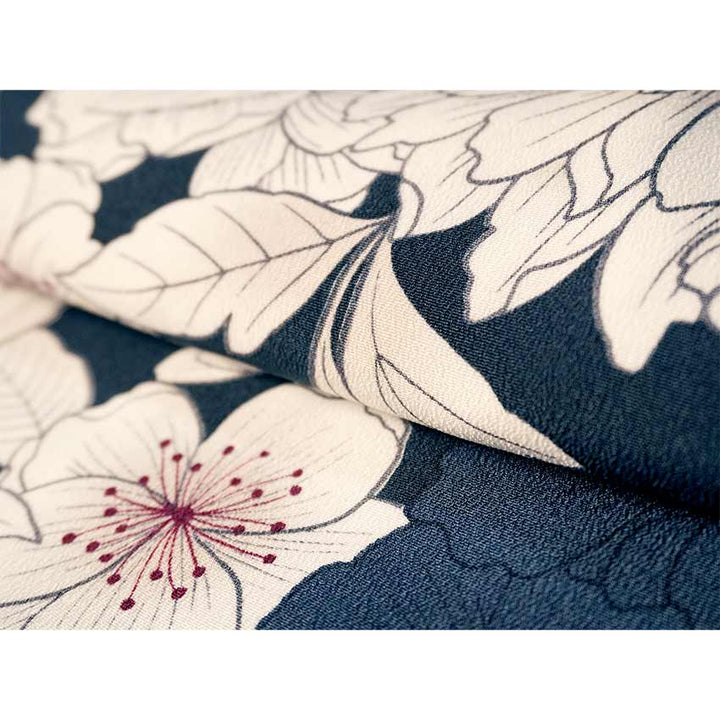 Ready-to-Wear Washable Komon Kimono for Women, Fully Lined Polyester, Deep Navy with Peony & Cherry Blossoms - A Sophisticated Komon Kimono with Timeless Elegance